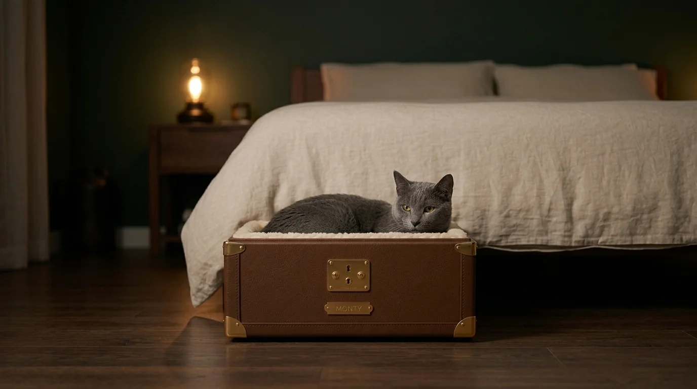 Monty cat bed on a dark timber floor in a moss-green bedroom at dusk, cat resting inside