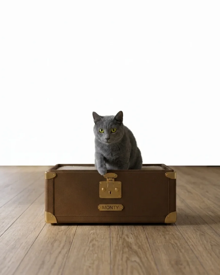 Grey Russian Blue cat sitting on the edge of the Monty cat bed against a pale background