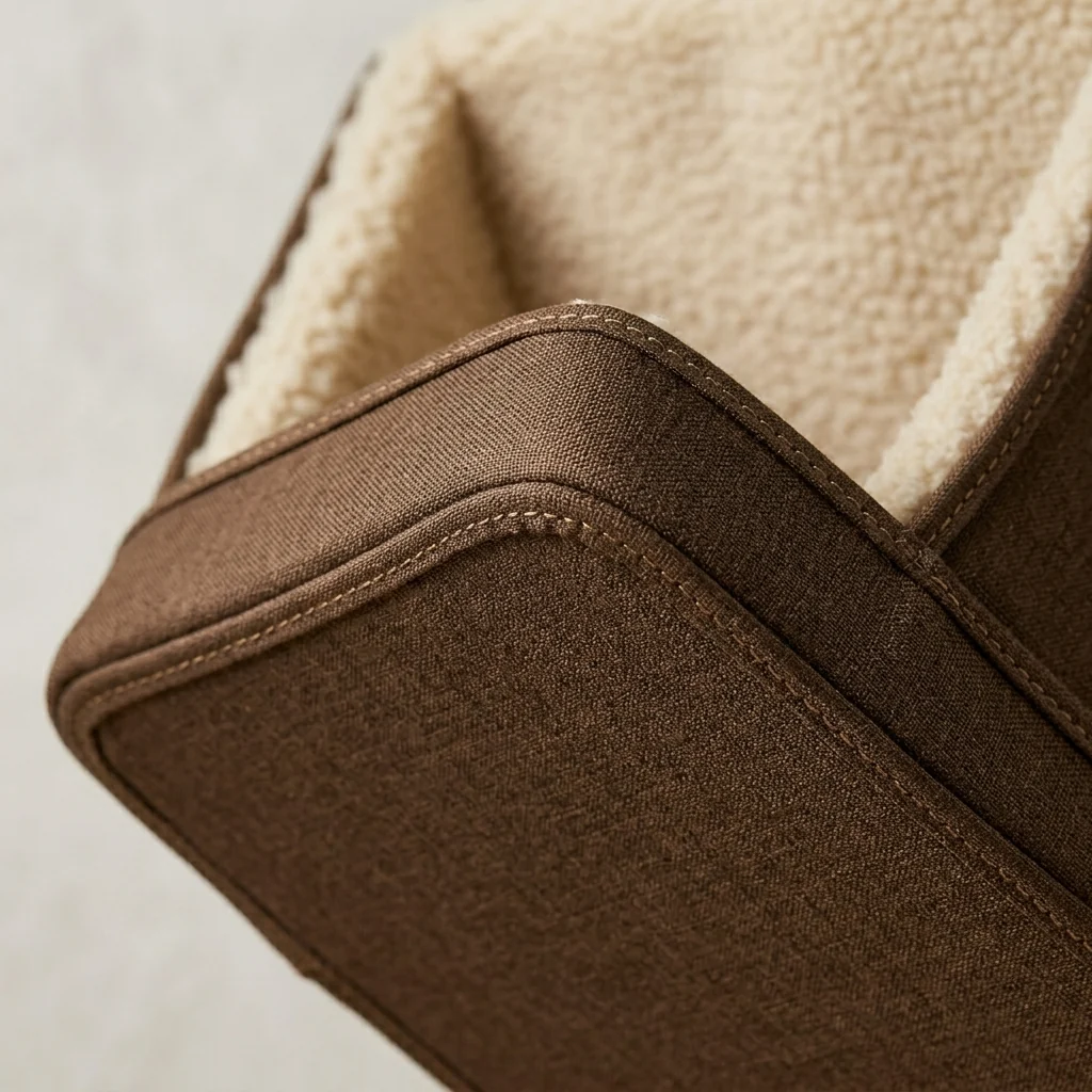 Close-up of the brass corner cap and edge binding on the Monty cat bed