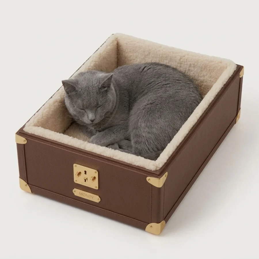 Grey Russian Blue cat sleeping curled in the shearling-lined Monty cat bed