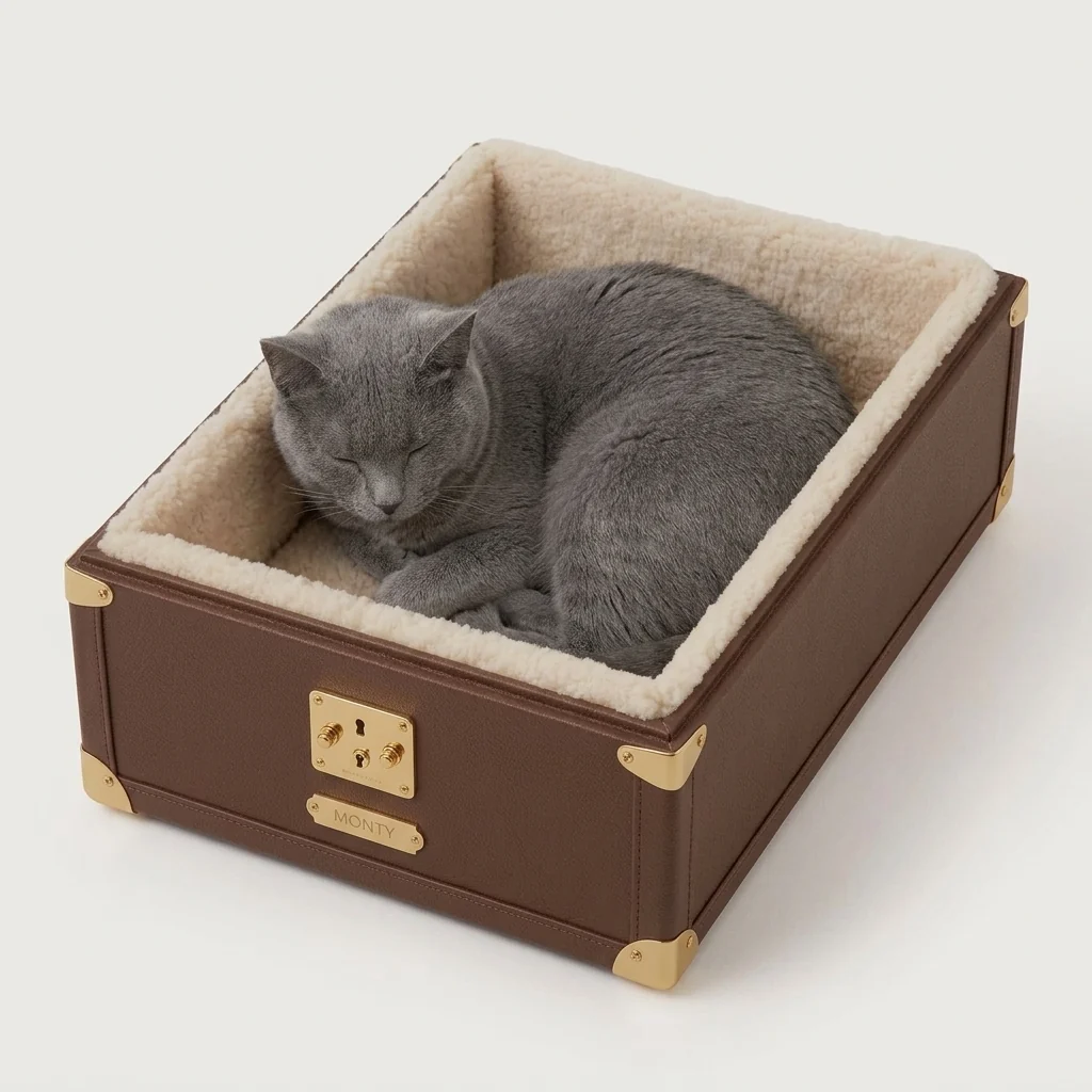 Grey Russian Blue cat sleeping curled in the shearling-lined Monty cat bed