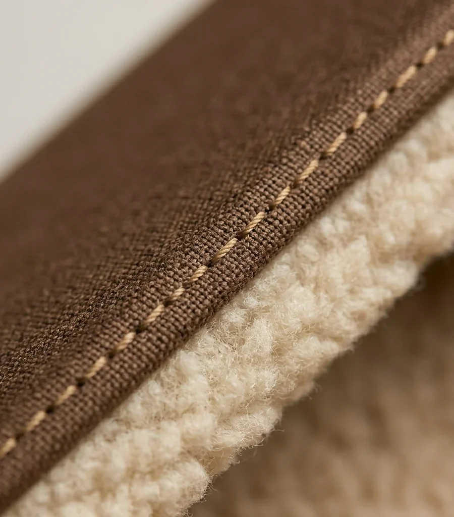 Close-up of the Monty cat bed rim showing canvas weave, contrast topstitching and shearling lining