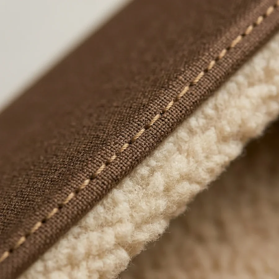 Close-up of the Monty cat bed rim showing canvas weave, contrast topstitching and shearling lining