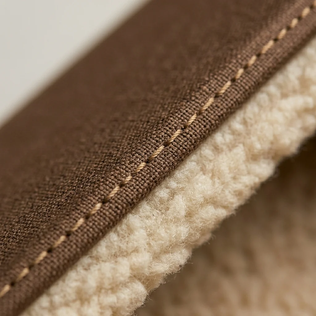 Close-up of the Monty cat bed rim showing canvas weave, contrast topstitching and shearling lining