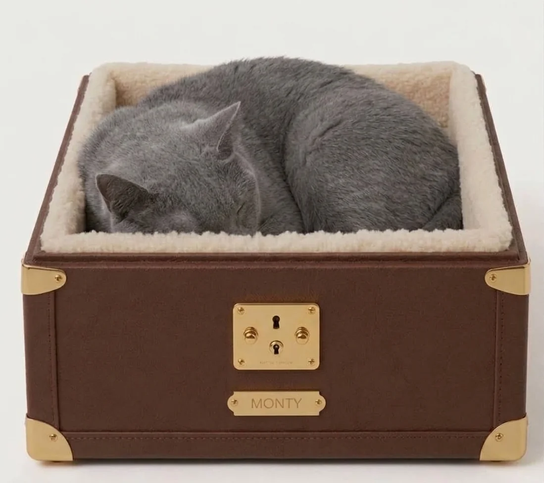 Monty cat bed in tan canvas with brass corners and cream shearling lining, three-quarter view on a pale studio background
