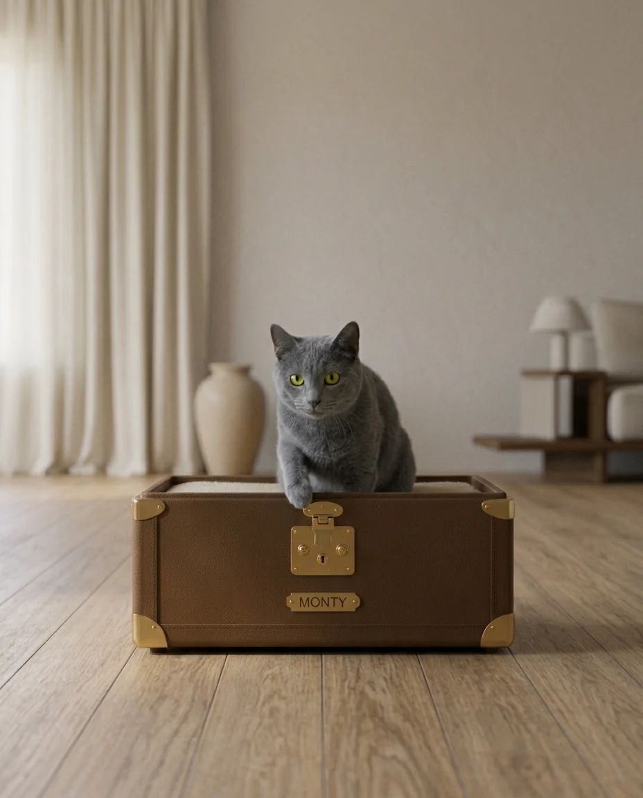 Grey cat sitting upright in the Monty cat bed in a bright minimal living room