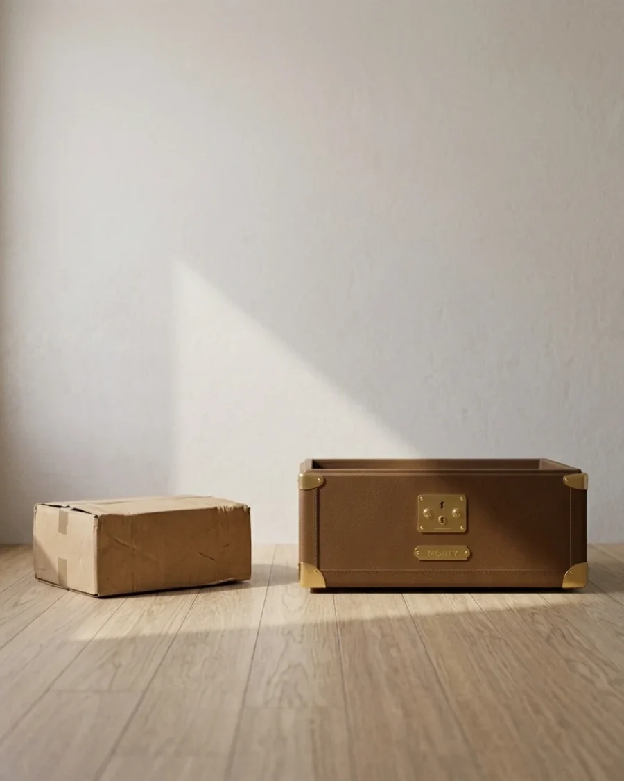 Monty cat bed next to a plain cardboard box on an oak floor, showing the contrast